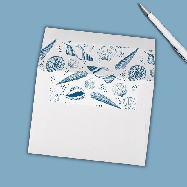 Seashell Blue and White beach Envelope (Coastal chic blue seashell nautical beach vibe envelope)