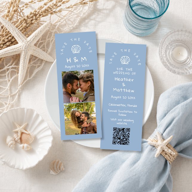 Seashell Blue Beach Photo Wedding Save the Date Bookmarks (Creator Uploaded)