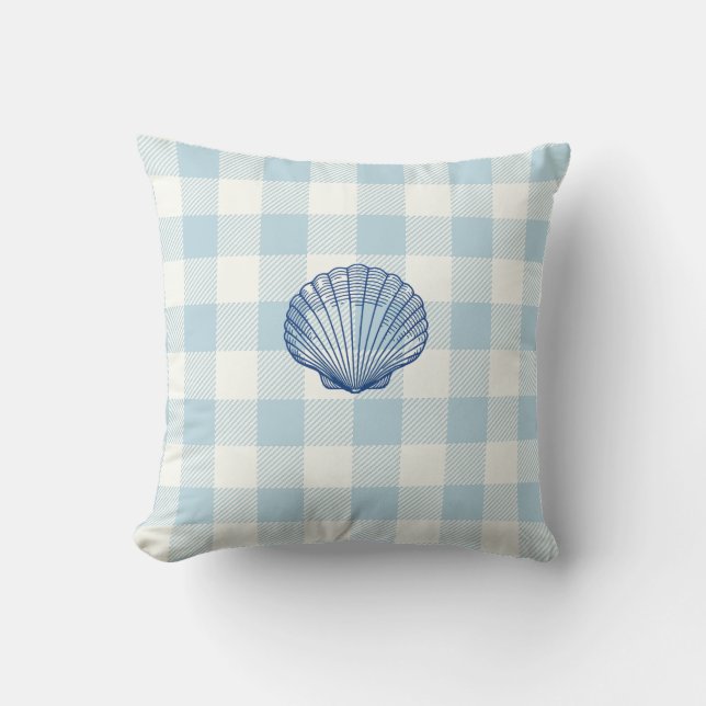 Seashell Blue Gingham Check Coastal Throw Pillow (Front)