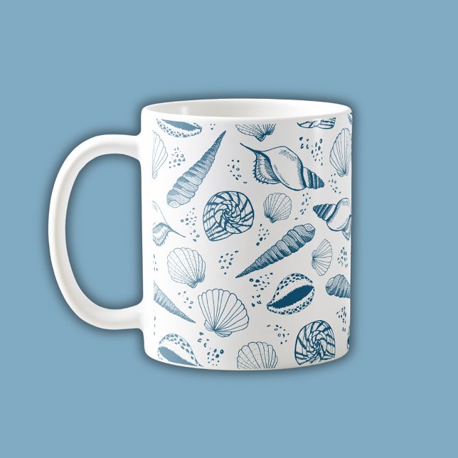 Seashell Blue White beach Coffee Mug (Coastal chic blue seashell nautical beach vibe coffee mug)