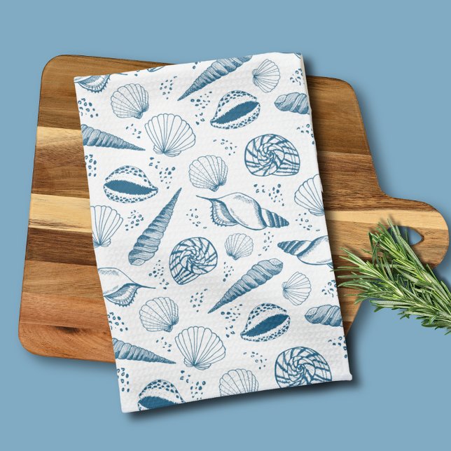 Seashell Blue White beach Kitchen Towel (Coastal chic blue seashell nautical beach vibe kitchen towel)