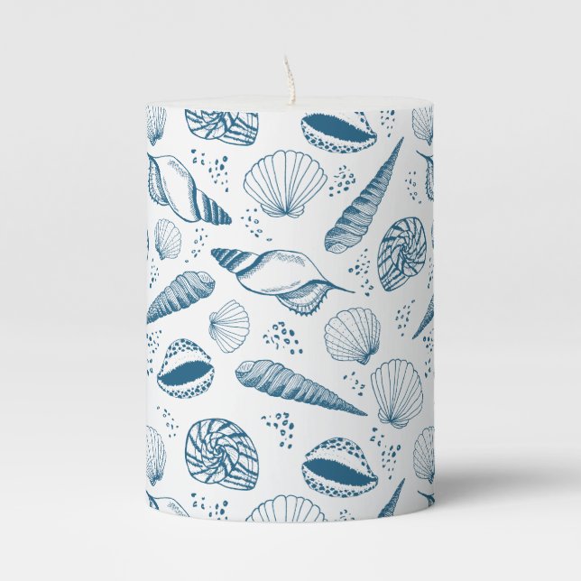 Seashell Blue White beach Pillar Candle (Front)