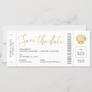 Seashell Boarding Pass Ticket Beach Wedding Save The Date