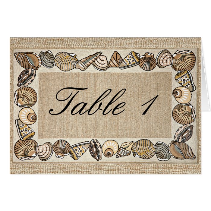 Seashell Border on Brown Wedding Table Number tent Cards