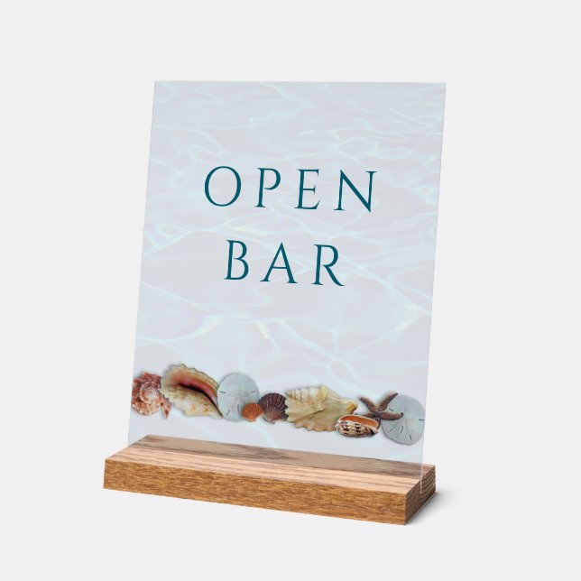 Seashell Border Open Bar Custom Acrylic Sign (Angle)