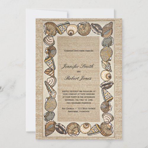 Seashell Border on Brown Weave Wedding Personalized Invitations