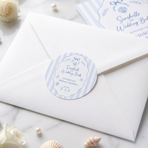 Seashell Bridal Shower Blue Striped Bow Classic Round Sticker