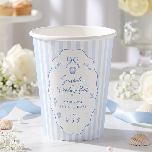 Seashell Bridal Shower Blue Striped Bow Paper Cups