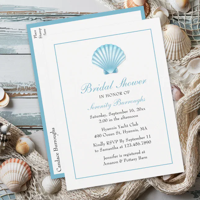 Seashell Bridal Shower Nautical Blue Beach Coastal Invitation Postcard ...