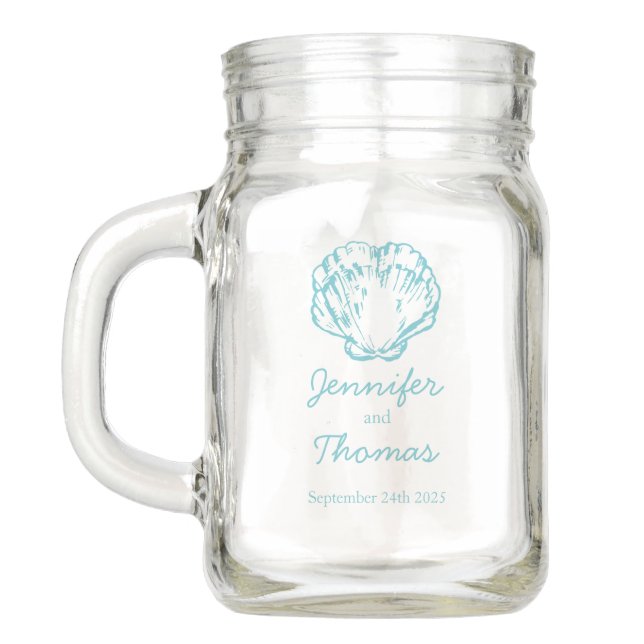 Seashell clam shell aqua blue beach wedding jug mason jar (Back)