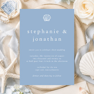 Seashell Coastal Beach Dusty Blue Minimal Wedding Invitation