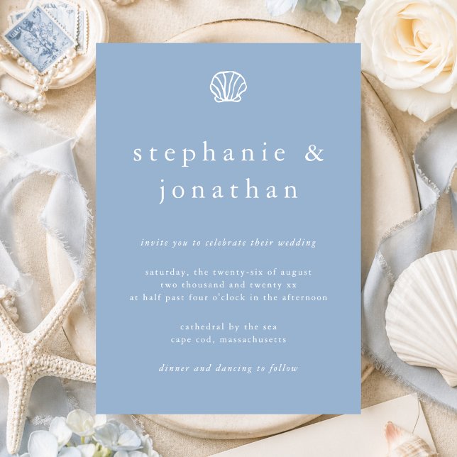 Seashell Coastal Beach Dusty Blue Minimal Wedding  Invitation (Creator Uploaded)