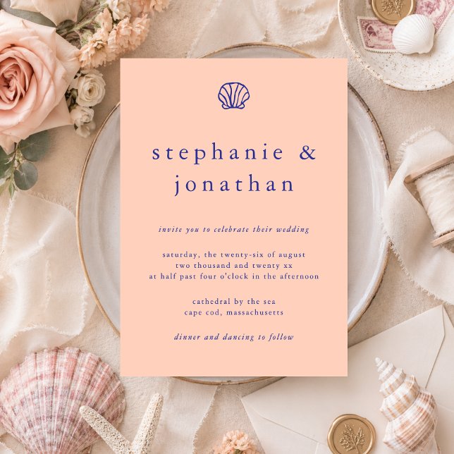 Seashell Coastal Beach Pink Navy Blue Wedding  Invitation (Creator Uploaded)