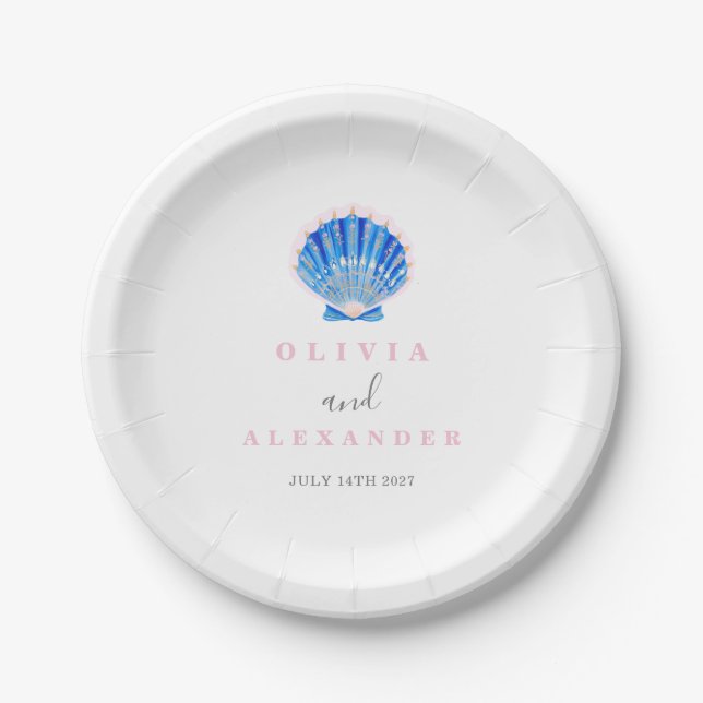 Seashell coastal beach wedding paper plates (Front)