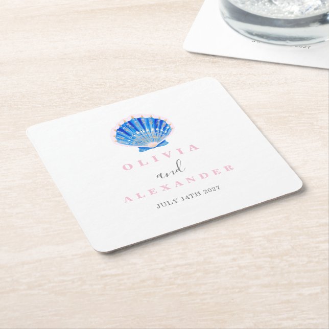 Seashell coastal beach wedding square paper coaster (Angled)