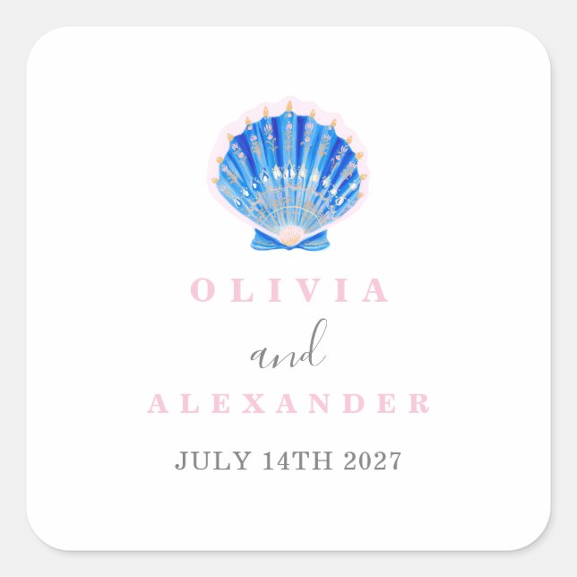 Seashell coastal beach wedding square sticker (Front)