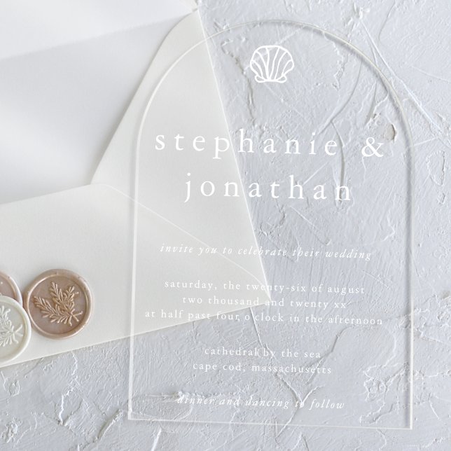 Seashell Coastal Beach White Minimal Wedding  Acrylic Invitations (Creator Uploaded)