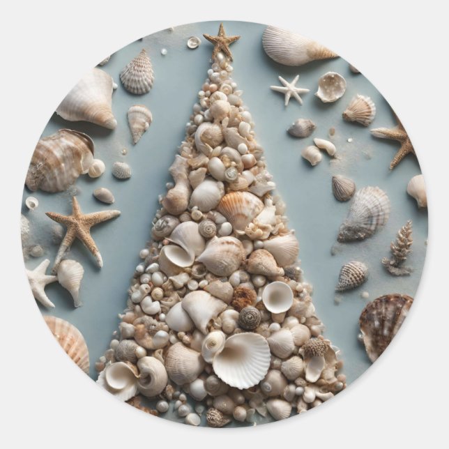 Seashell Coastal Christmas Tree  Classic Round Sticker (Front)