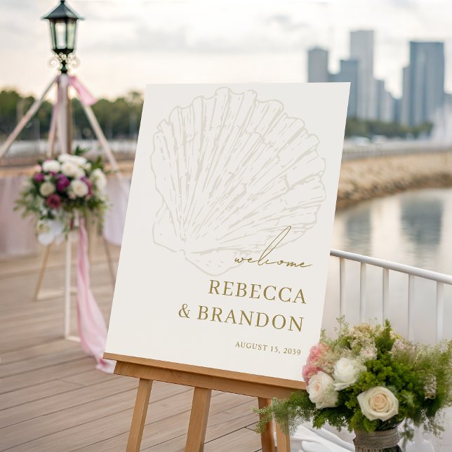 Seashell Coastal Ivory Gold Wedding Welcome Sign (Creator Uploaded)