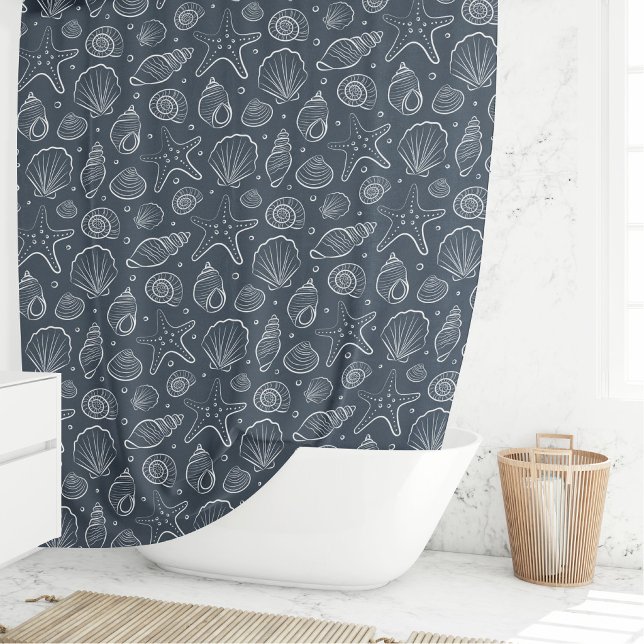 Seashell Coastal Nautical Boho Beach Dark Blue Shower Curtain (Creator Uploaded)