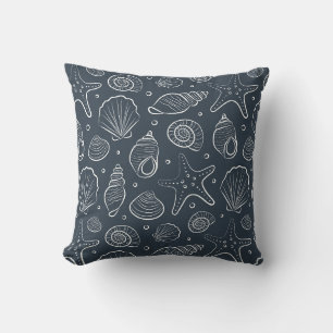 Seashell Coastal Nautical Boho Beach Dark Blue Throw Pillow