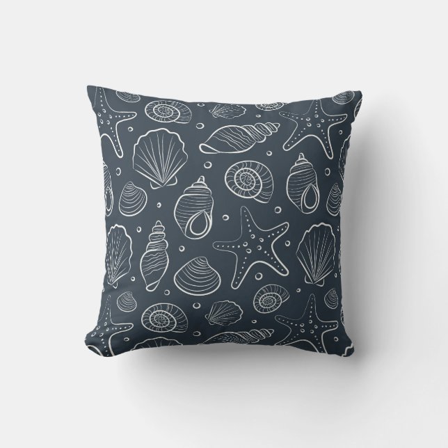 Seashell Coastal Nautical Boho Beach Dark Blue Throw Pillow (Front)