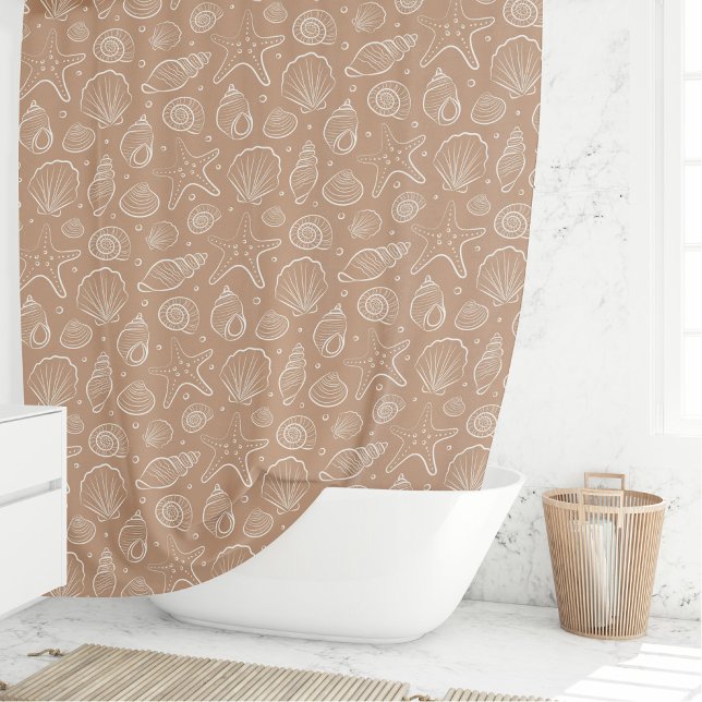 Seashell Coastal Nautical Boho Beach Neutral Tan Shower Curtain (Creator Uploaded)