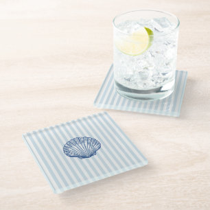 Seashell Coastal Painting Nautical Stripe  Glass Coaster