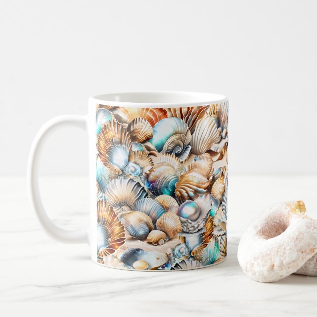 Seashell collage iridescent marine coastal chic coffee mug (With Donut)