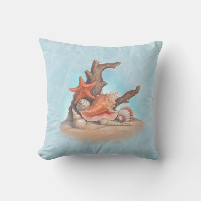 Seashell Conch Starfish Scallop Driftwood Throw Pillow (Front)