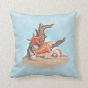 Seashell Conch Starfish Scallop Driftwood Throw Pillow