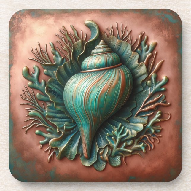 Seashell Copper and Patina Beach House Beverage Coaster (Front)