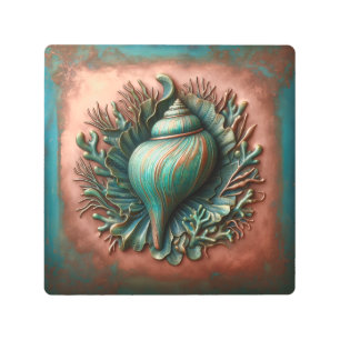 Seashell Copper and Patina Beach House Metal Print