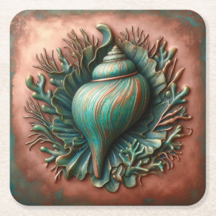 Seashell Copper and Patina Beach House Square Paper Coaster
