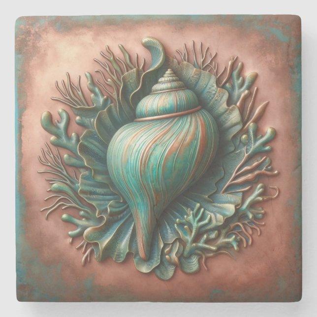 Seashell Copper and Patina Beach House Stone Coaster (Front)