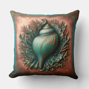 Seashell Copper and Patina Beach House Throw Pillow