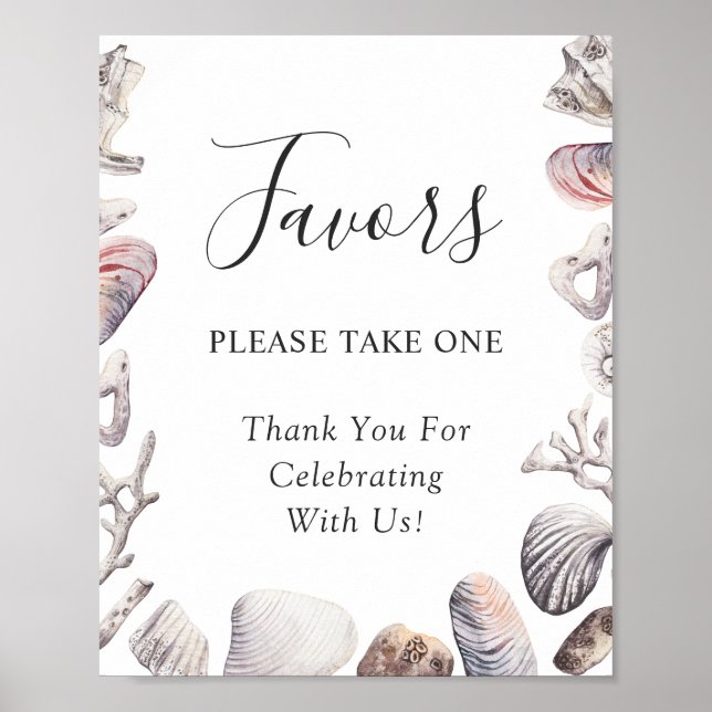 Seashell Coral Beach Wedding Favors Sign (Front)