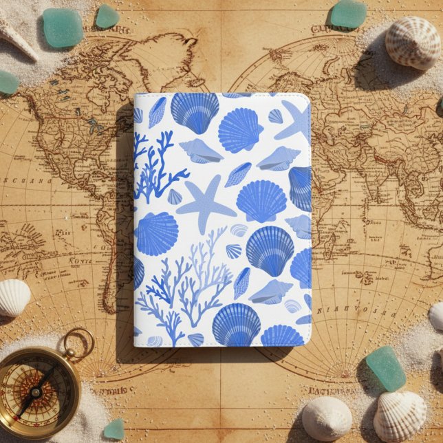 Seashell Coral Blue White Ocean Beach  Passport Holder (Seashell Coral Hand-drawn Blue White Ocean Beach Passport Holder
)