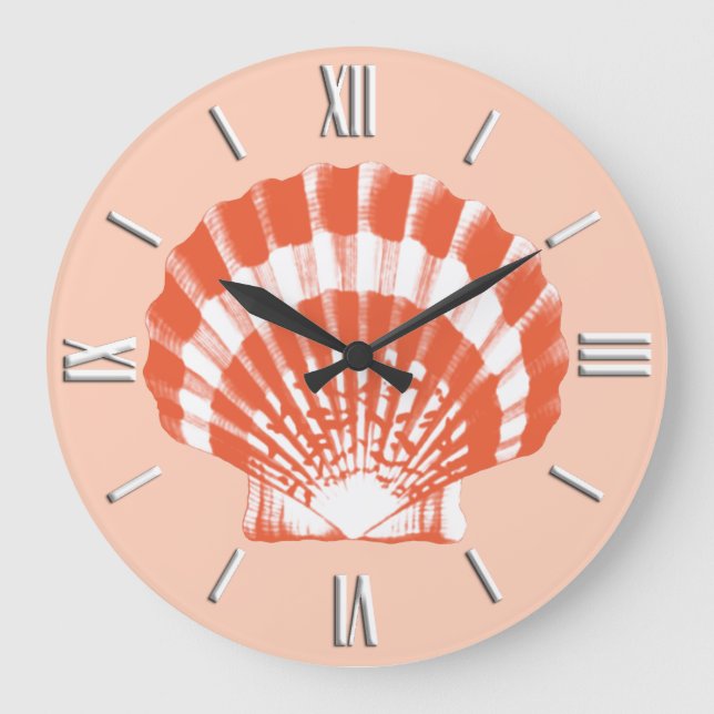Seashell - coral orange and white large clock (Front)