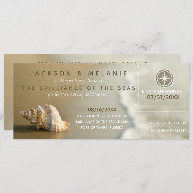 Seashell Cruise Ship Boarding Pass Wedding RSVP Invitation (Front/Back)