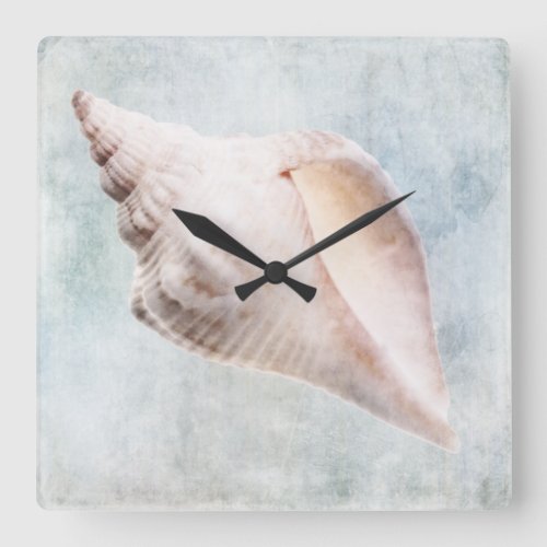Seashell Distressed Coastal Blue Cream Watercolor Square Wall Clock