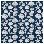 Seashell Drawing White Navy Blue  Nautical Fabric