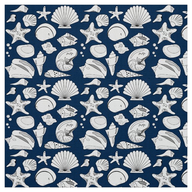 Seashell Drawing White Navy Blue  Nautical Fabric (Swatch)