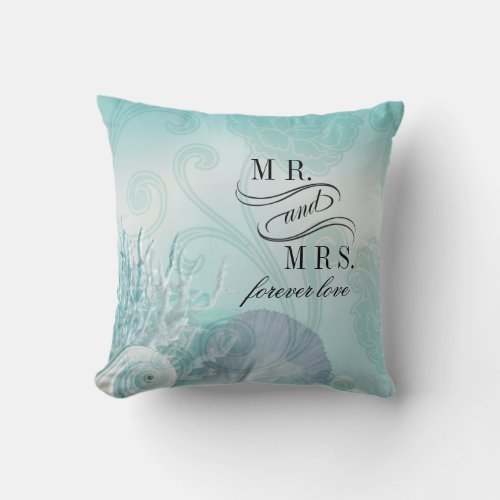 Seashell Dreams Beach Mr  Mrs aqua Throw Pillow