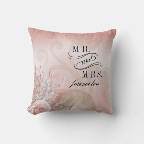 Seashell Dreams Beach Mr  Mrs pink Throw Pillow