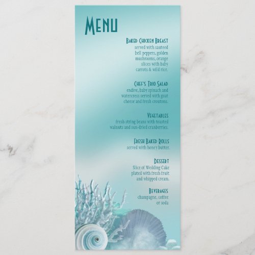 Seashell Dreams Beach Wedding Menu aqua