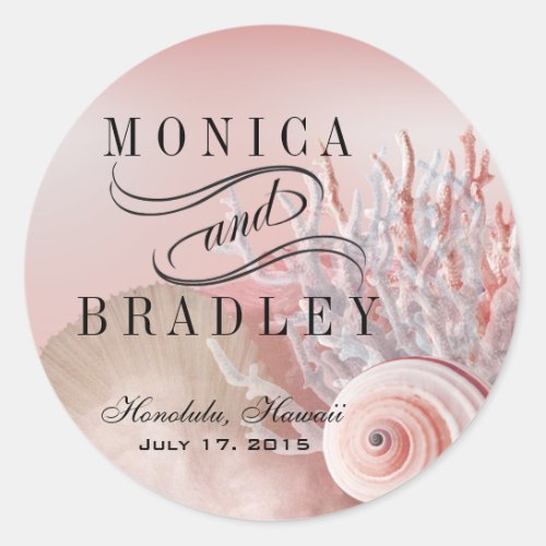 Seashell Dreams Beach Wedding pink Classic Round Sticker