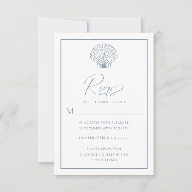 Seashell Dusty Blue Beach Elegant Wedding RSVP Card (Front)