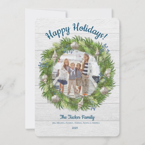 Seashell Evergreen Wreath Holiday Photo Card