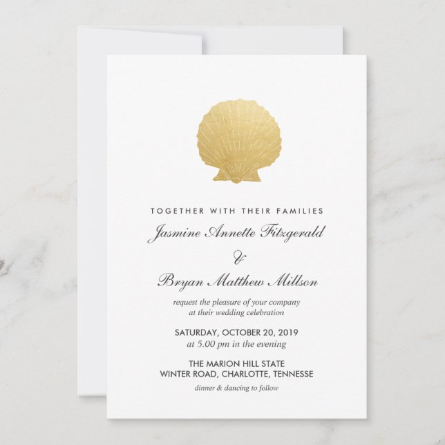 Seashell Faux Gold Foil | Ocean Wedding Invitation (Front)